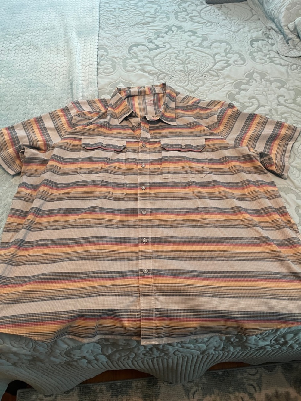 Swiss Tech Short-Sleeve Button-Down Shirt in Tan, Yellow, Orange & Gray Stripes